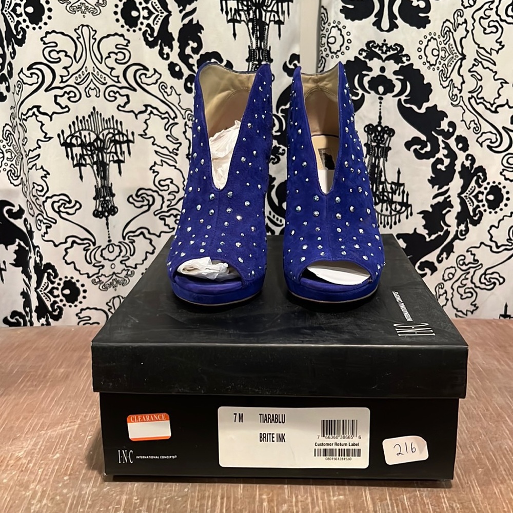 INC International Concepts Tiarablu Brite Ink suede rhinestone booties